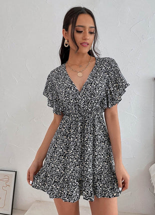 Cutout Ditsy Floral Surplice Flounce Sleeve Dress - MimiStylez