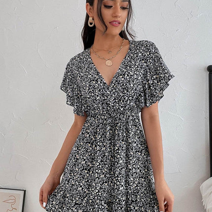 Cutout Ditsy Floral Surplice Flounce Sleeve Dress - MimiStylez