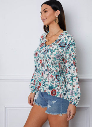 Floral Notched Long Sleeve Blouse - MimiStylez