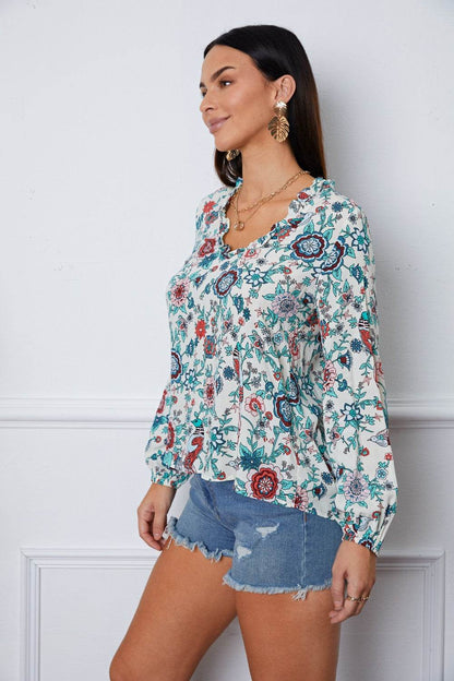 Floral Notched Long Sleeve Blouse - MimiStylez