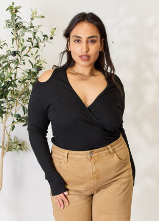 Culture Code Full Size Ribbed Surplice Cold Shoulder Top - MimiStylez