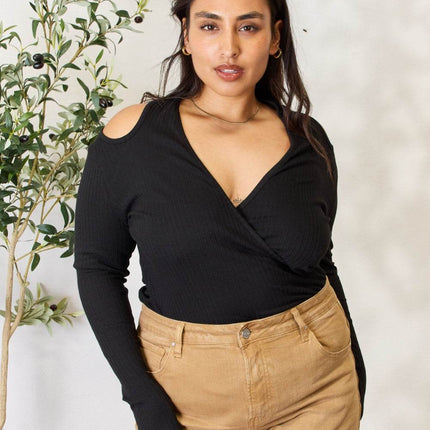 Culture Code Full Size Ribbed Surplice Cold Shoulder Top - MimiStylez
