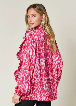 Double Take Full Size Printed Ruffle Trim Balloon Sleeve Shirt - MimiStylez