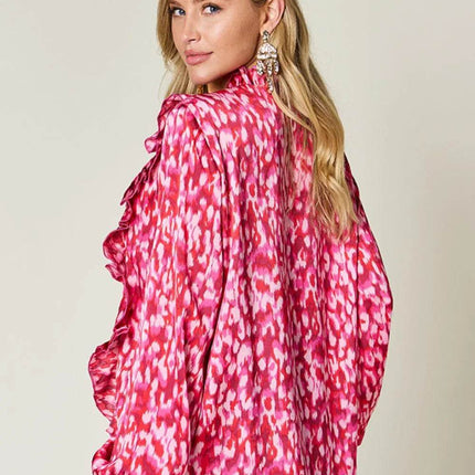 Double Take Full Size Printed Ruffle Trim Balloon Sleeve Shirt - MimiStylez