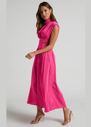 Cutout Mock Neck Sleeveless Ruched Dress - MimiStylez