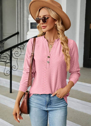 Notched Neck Long Sleeve Buttoned Blouse - MimiStylez