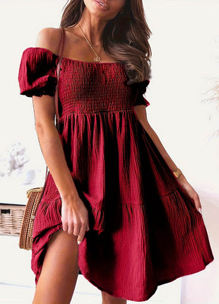 Full Size Ruffled Off-Shoulder Short Sleeve Dress - MimiStylez
