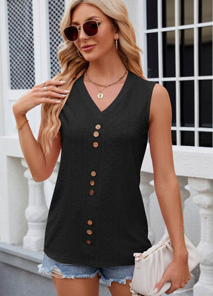 Decorative Button Eyelet V-Neck Tank - MimiStylez
