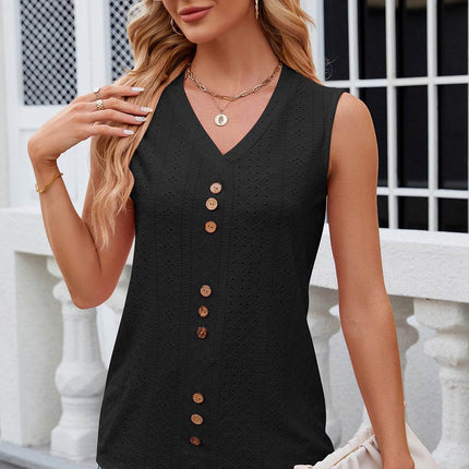 Decorative Button Eyelet V-Neck Tank - MimiStylez