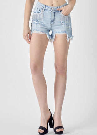 RISEN Frayed Hem Denim Shorts with Fringe Detail Pockets - MimiStylez