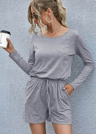 Drawstring Waist Long Sleeve Romper - MimiStylez