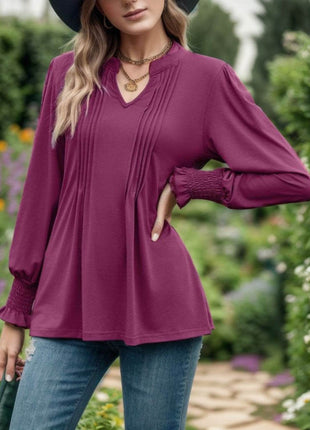 Notched Smocked Flounce Sleeve Blouse - MimiStylez