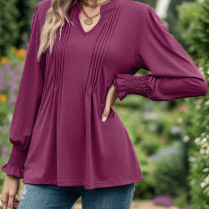 Notched Smocked Flounce Sleeve Blouse - MimiStylez