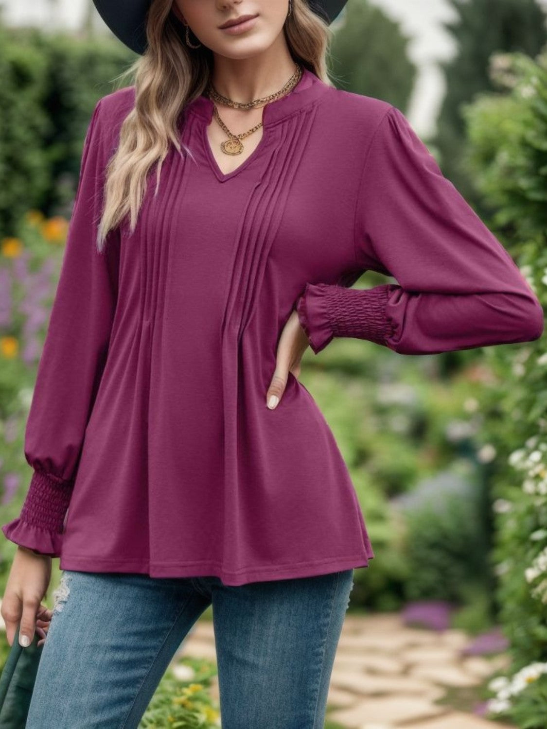 Notched Smocked Flounce Sleeve Blouse