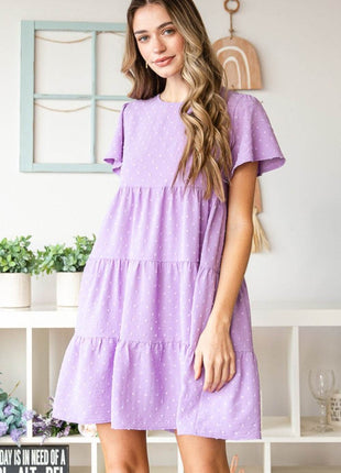 Heimish Full Size Swiss Dot Short Sleeve Tiered Dress - MimiStylez