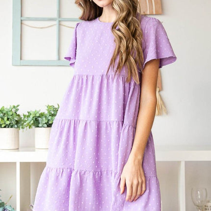 Heimish Full Size Swiss Dot Short Sleeve Tiered Dress - MimiStylez