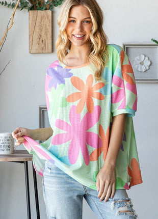 HOPELY Floral Round Neck Waffle T-Shirt - MimiStylez