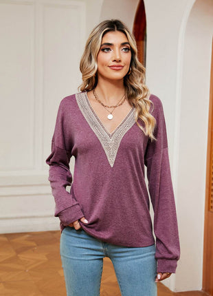 Contrast V-Neck Long Sleeve Blouse - MimiStylez