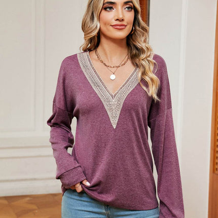 Contrast V-Neck Long Sleeve Blouse - MimiStylez