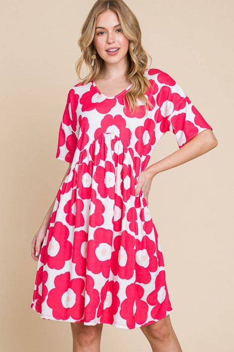 BOMBOM Flower Print Ruched Dress - MimiStylez