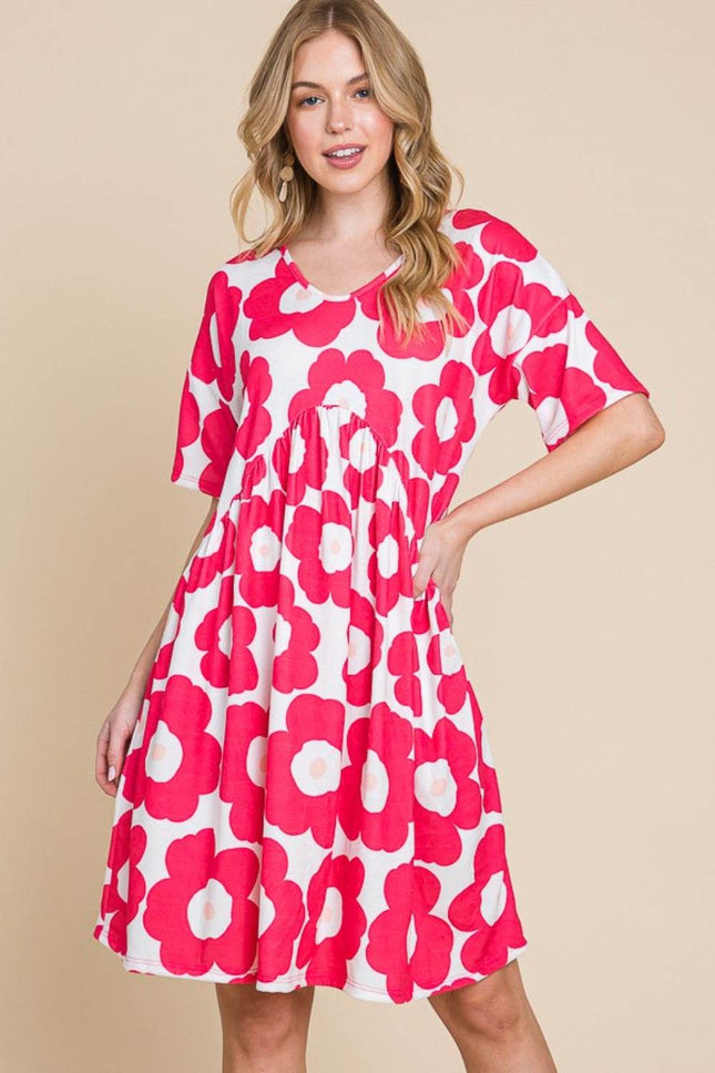 BOMBOM Flower Print Ruched Dress - MimiStylez