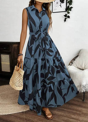 Women Sleeveless Boho Floral Maxi Dress Summer Button Shirt V Neck Flowy Belted Beach Vacation Dresses - MimiStylez