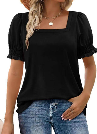 Simple U-neck Petal Sleeve Loose T-shirt - MimiStylez