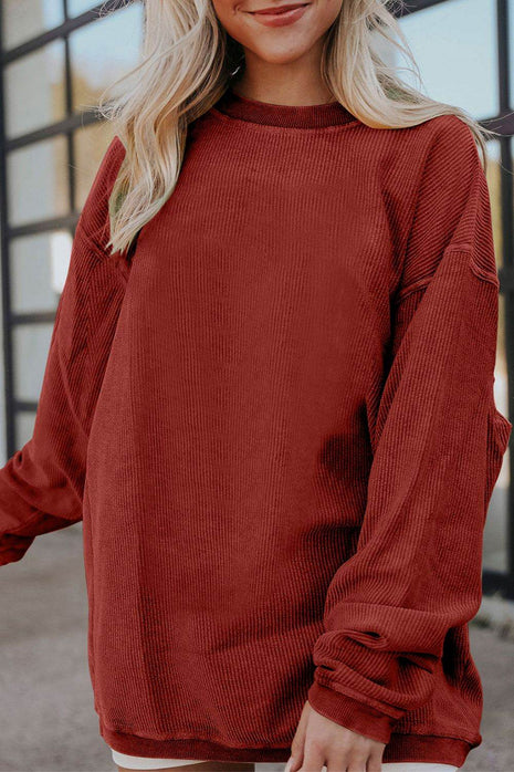Ribbed Round Neck Drop Shoulder Sweatshirt - MimiStylez