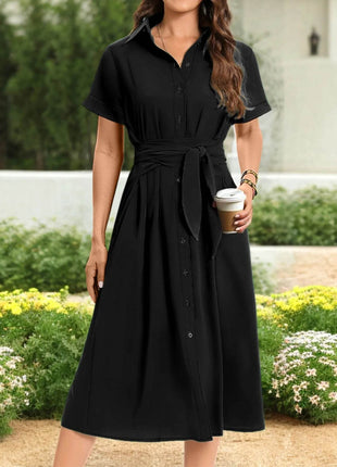 Button Down Belted Midi Shirt Dress - MimiStylez