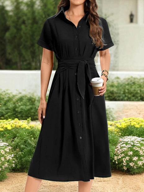 Button Down Belted Midi Shirt Dress - MimiStylez