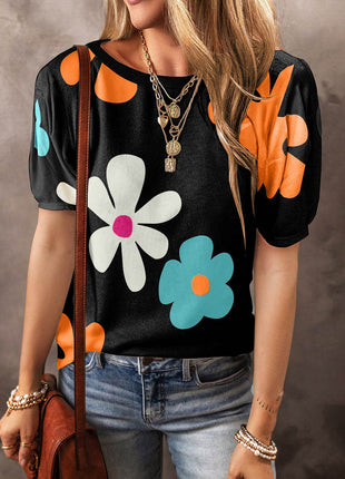 Flower Round Neck Short Sleeve Blouse - MimiStylez