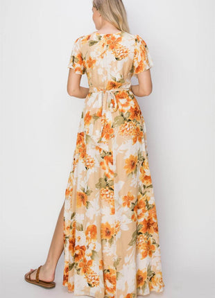 HYFVE Floral Tie Back Short Sleeve Slit Maxi Dress - MimiStylez