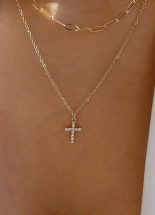 Double Layered Inlaid Zircon Cross Pendant Necklace - MimiStylez