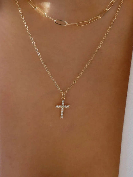 Double Layered Inlaid Zircon Cross Pendant Necklace - MimiStylez