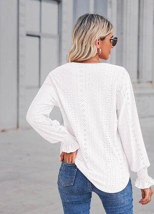 V-Neck Eyelet Flounce Sleeve Blouse - MimiStylez