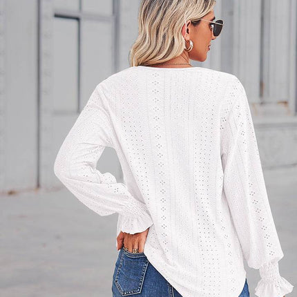 V-Neck Eyelet Flounce Sleeve Blouse - MimiStylez