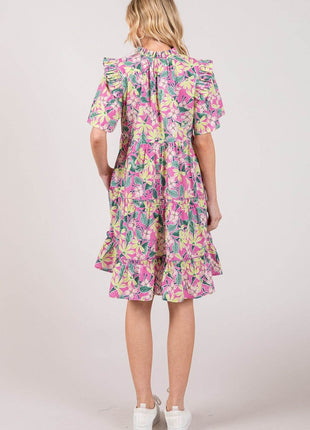 SAGE + FIG Floral Ruffle Short Sleeve Dress - MimiStylez