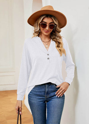 Buttoned Notched Neck Long Sleeve Top - MimiStylez