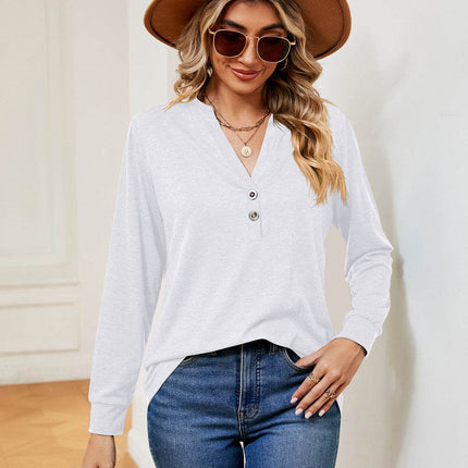 Buttoned Notched Neck Long Sleeve Top - MimiStylez