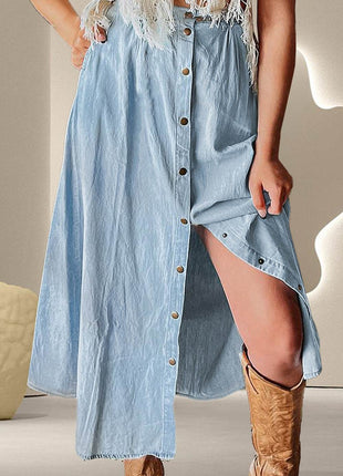 Snap Down High Waist Denim Skirt - MimiStylez
