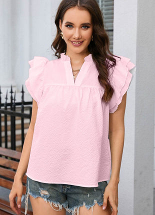 Notched Neck Butterfly Sleeve Blouse - MimiStylez