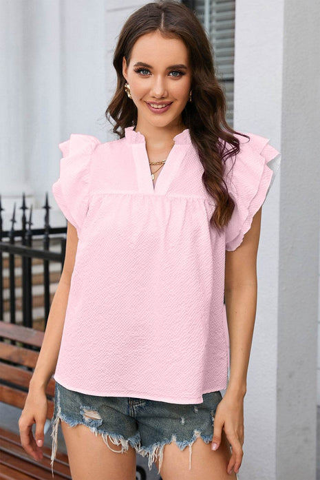 Notched Neck Butterfly Sleeve Blouse - MimiStylez