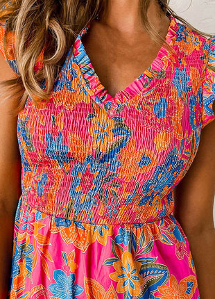 Smocked Printed V-Neck Cap Sleeve Blouse - MimiStylez