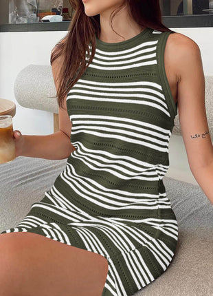 Slit Striped Round Neck Sleeveless Midi Dress - MimiStylez