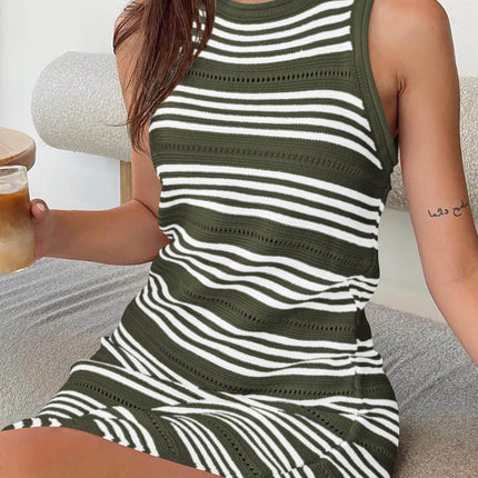 Slit Striped Round Neck Sleeveless Midi Dress - MimiStylez