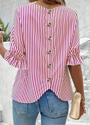 Striped Round Neck Half Sleeve Casual Blouse - MimiStylez