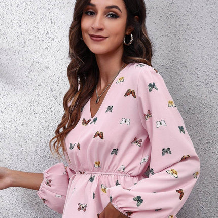 Butterfly V-Neck Balloon Sleeve Peplum Blouse - MimiStylez