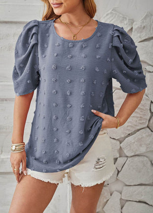 Swiss Dot Round Neck Short Sleeve Blouse - MimiStylez