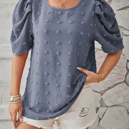Swiss Dot Round Neck Short Sleeve Blouse - MimiStylez