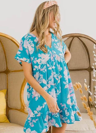 BiBi Floral Crinkle Shirred Ruffle Detail V Neck Dress - MimiStylez